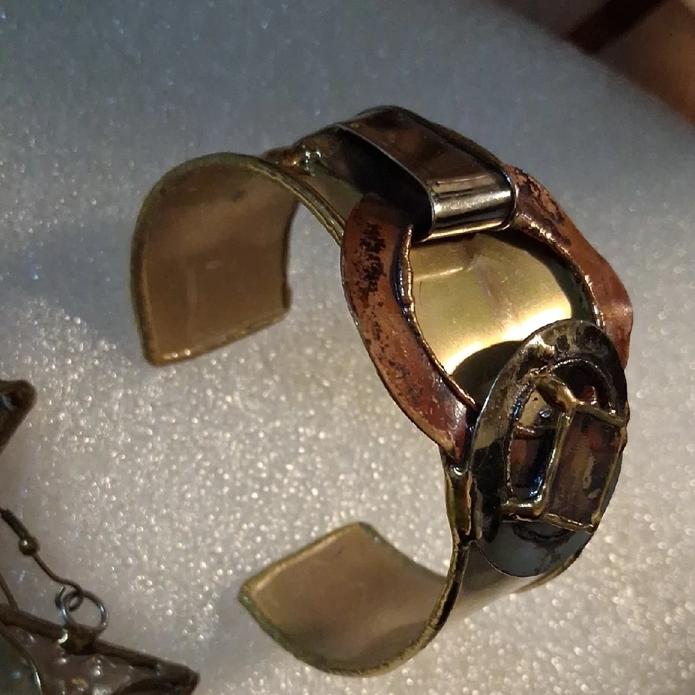 1970s Artisan Brass Copper & Silver. Geometric Cuff Bracelet W Matching Earrings - Picture 4 of 10